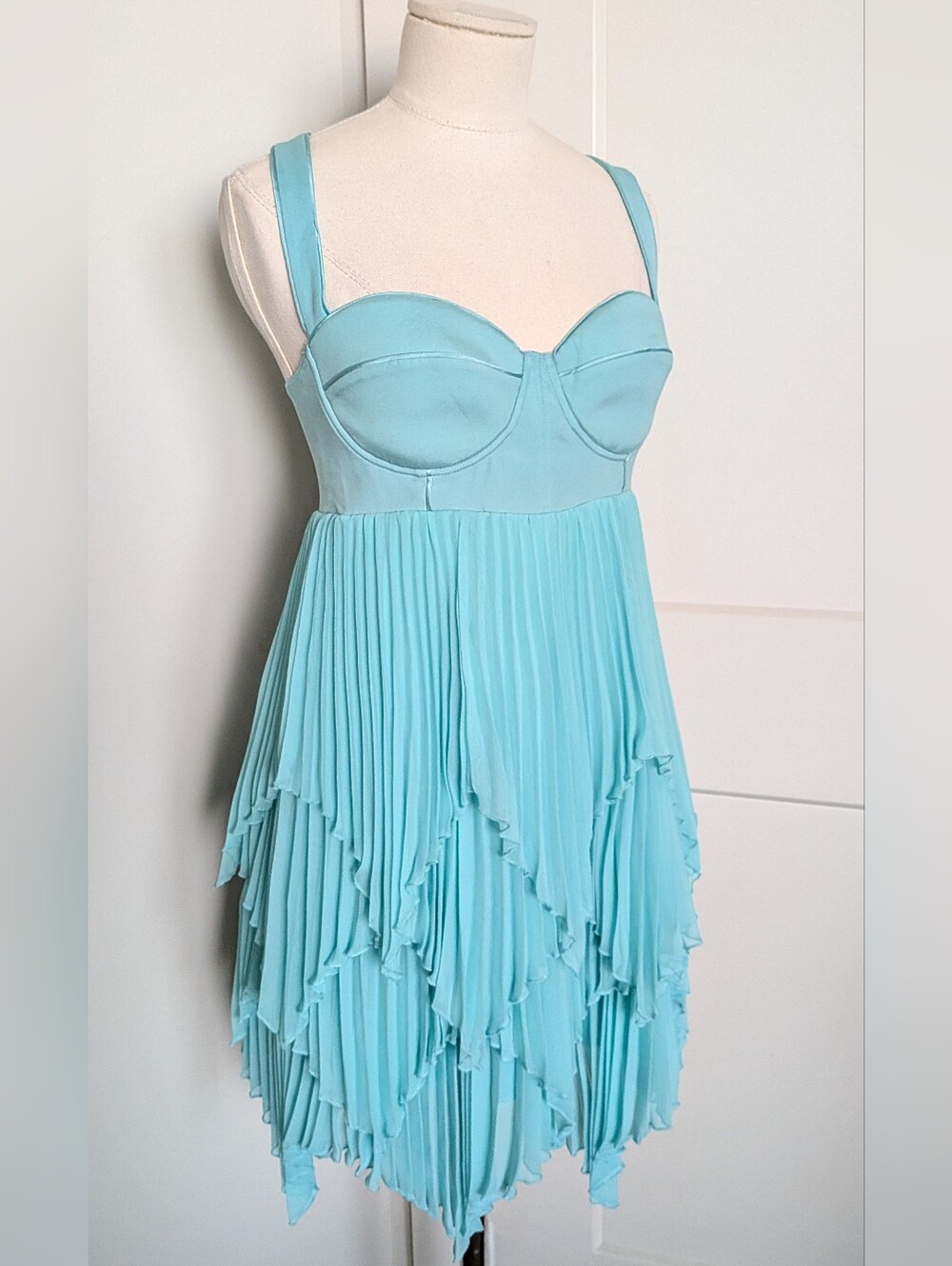 Marciano Silk Blend Pleated Tiered Ruffle Corset Mini Dress Aqua Blue XS